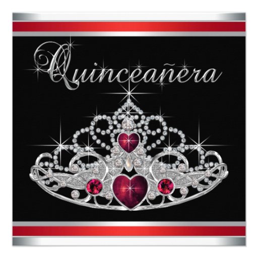 Red Black White Tiara Quinceanera Personalized Invitation