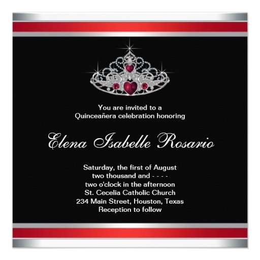Red Black White Tiara Quinceanera Personalized Invitation