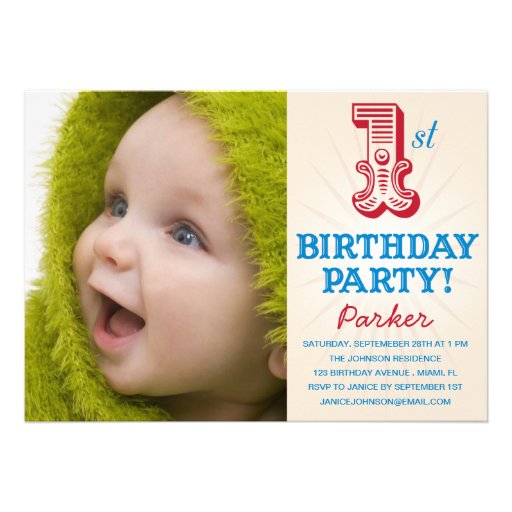 RED & BLUE 1ST  | FIRST BIRTHDAY INVITATION (front side)