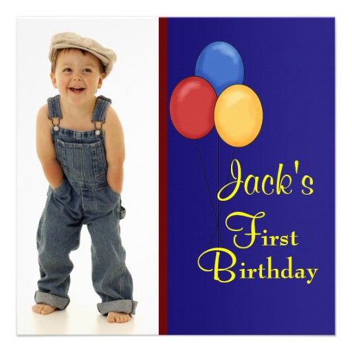 Red Blue Balloons  Boys Photo 1st Birthday Party Personalized Announcement