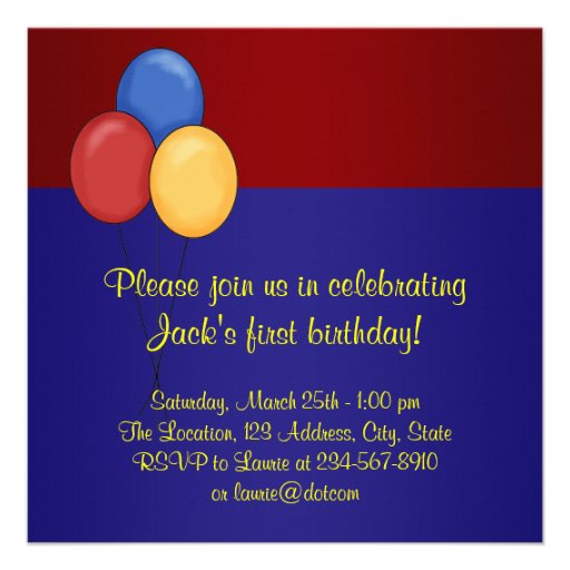 Red Blue Balloons  Boys Photo 1st Birthday Party Personalized Announcement