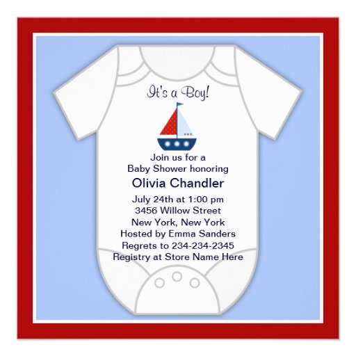 Red Blue Sailboat Baby Boy Shower Invitation