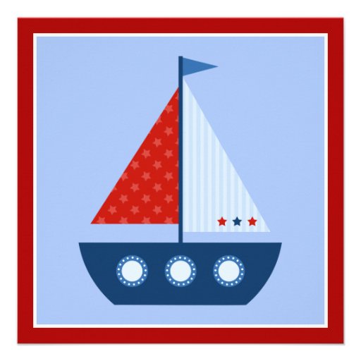 Red Blue Sailboat Baby Boy Shower Invitation
