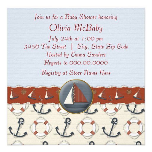 Red Blue Sailboat Baby Shower Custom Invite