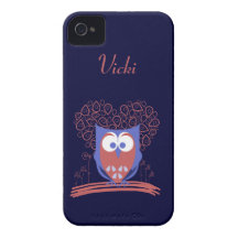 Red Blue Whimsical Cute Owl Custom iPhone 4 Case