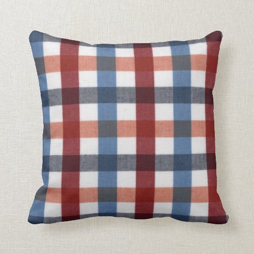 Red, blue, white and orange tartan throw pillow Zazzle