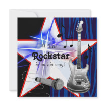 Red Blue Zebra Rockstar Baby Boy Shower Personalized Announcements