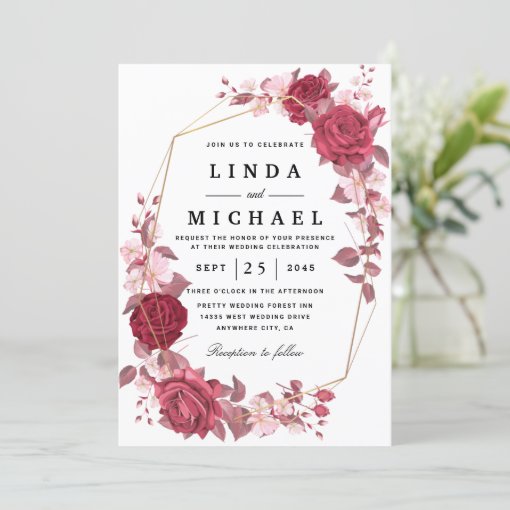 Red Blush And Gold Geometric Greenery Wedding Invi Invitation Zazzle