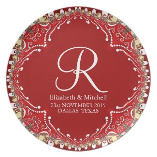 Red Bohemian Batik Monogram Wedding Gift Plate