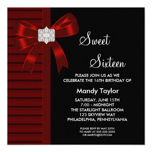 Red Bow Sweet 16 Birthday Party Personalized Invite