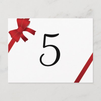 Red Bow Winter Wedding Table Number Post Cards by loraseverson