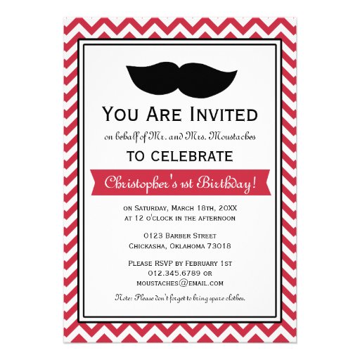 Red Boy Moustache Chevron Birthday Party Announcements