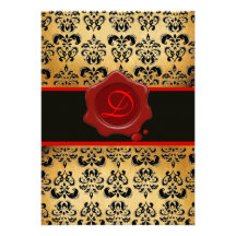 RED BROWN AND BLACK DAMASK ,WAX SEAL MONOGRAM PERSONALIZED INVITATION