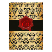 RED BROWN AND BLACK DAMASK ,WAX SEAL MONOGRAM ANNOUNCEMENTS