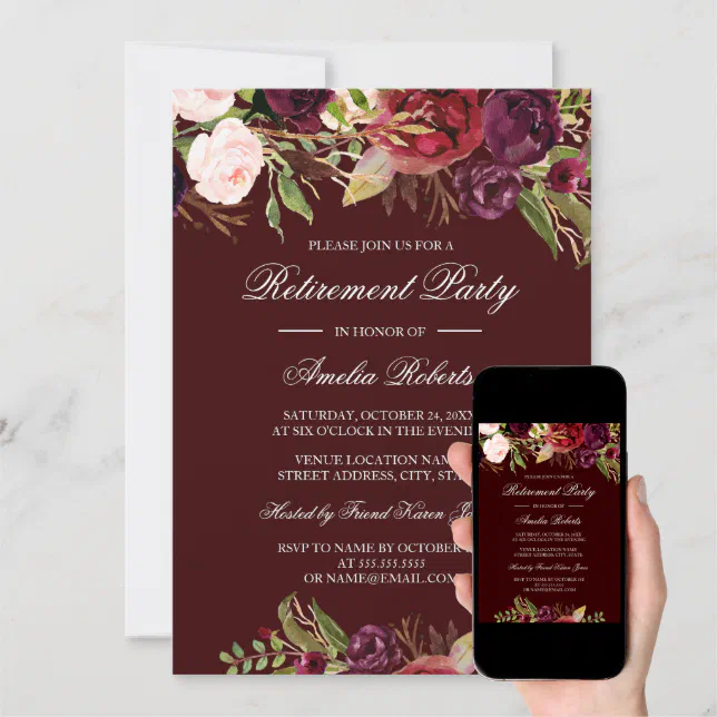 Red Burgundy Floral Retirement Party Invitation Zazzle