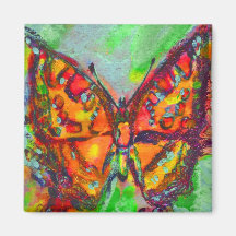 RED BUTTERFLY IN BLUE GREEN GOLD SPARKLES MAGNETS