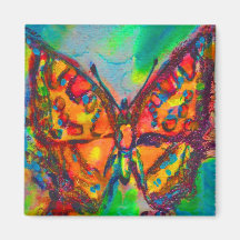 RED BUTTERFLY IN BLUE GREEN GOLD SPARKLES MAGNETS