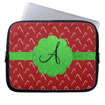 Red candy canes green glitter monogram laptop sleeve
