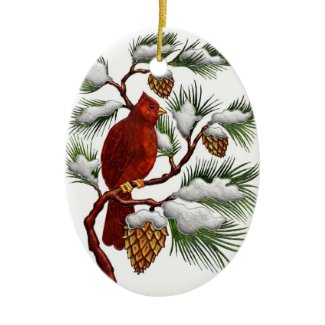 Red Cardinal with Pine Cones Christmas Ornament