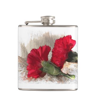 Red Carnations on Brocade Hip Flasks