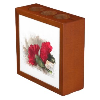 Red Carnations on Brocade Pencil Holder