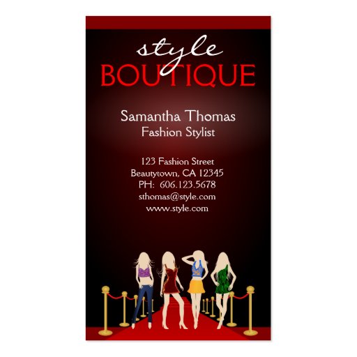 Red Carpet Fashion Boutique Business Card Template (front side)