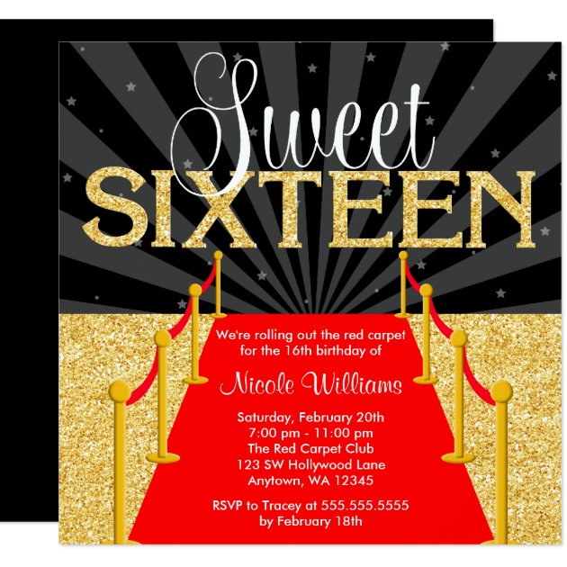 Red Carpet Gold Glam Hollywood Sweet 16 Birthday Card | Zazzle