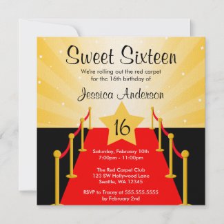 Red Carpet Hollywod Sweet 16 Birthday Party Invite
