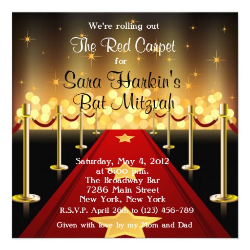 Red Carpet Hollywood Bat Mitzvah Birthday  Invite (front side)