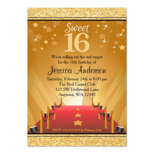 Red Carpet Hollywood Star Gold Sweet 16 Birthday Cards