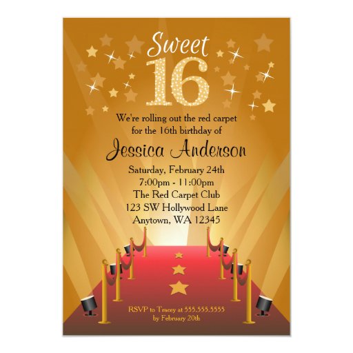 Red Carpet Hollywood Star Sweet 16 Birthday Cards (front side)