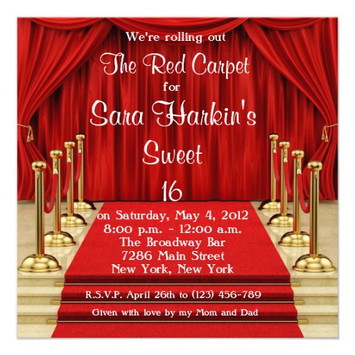 Red Carpet Hollywood Sweet 16 Birthday  Invite (front side)
