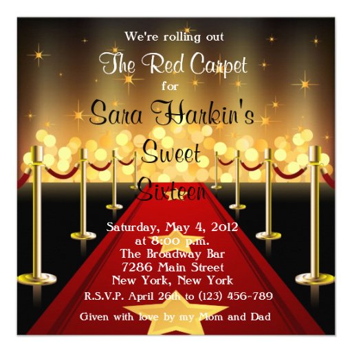 Red Carpet Hollywood Sweet 16 Birthday  Invite (front side)