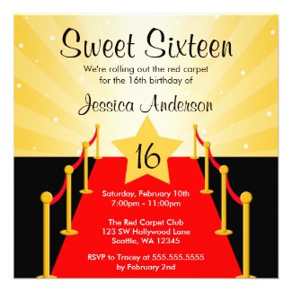 Red Carpet Hollywood Sweet 16 Birthday Party Invite