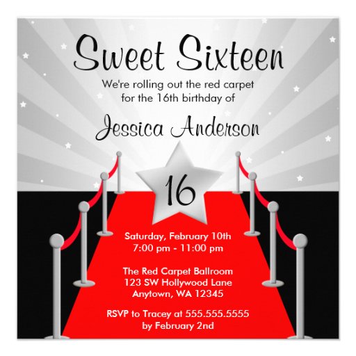 Red Carpet Silver Hollywood Sweet 16 Birthday Custom Invites