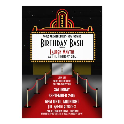 Red Carpet Theater Birthday Party Invitation