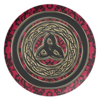 Red Celtic Plate in Black and Gold with Black Lace
