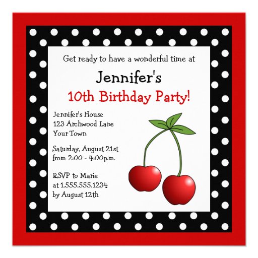 Red Cherries Birthday Black & White Polka Dots Custom Invitations