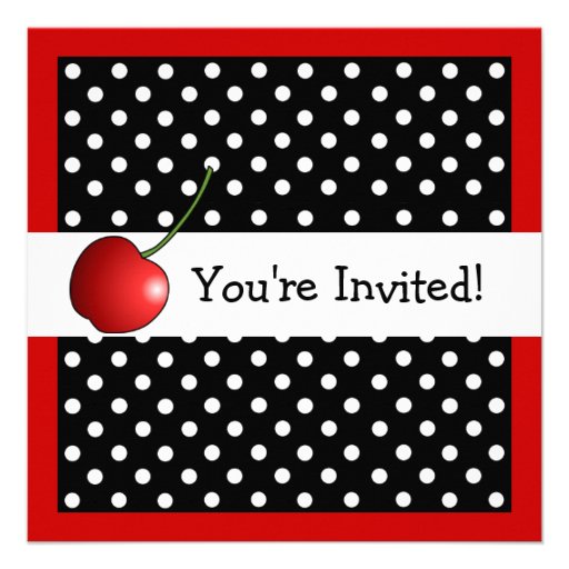 Red Cherries Birthday Black & White Polka Dots Custom Invitations