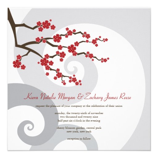 Red Cherry Blossom Sakura Swirls Wedding Invite