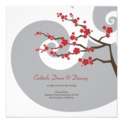 Red Cherry Blossom Sakura Swirls Wedding Invite