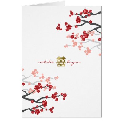 Red Cherry Blossoms Double Happiness Wedding Invit Greeting Cards