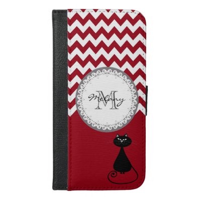 Red chevron Cute trendy girly funny cat monogram iPhone 6/6S Plus Wallet Case