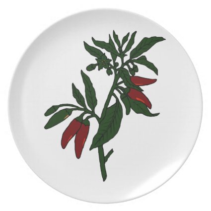 Red chili peppers on dark green plant dinner plates