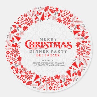 Red Christmas Wreath Dinner Party Invite Classic Round Sticker