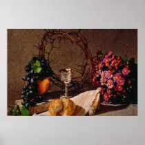 Red Communion, silver cup, grapes, flowers and cro Print