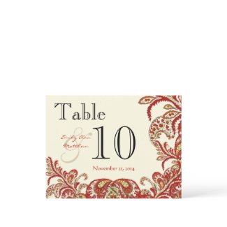 Red Coral Lime Paisley Wedding Table Number postcard