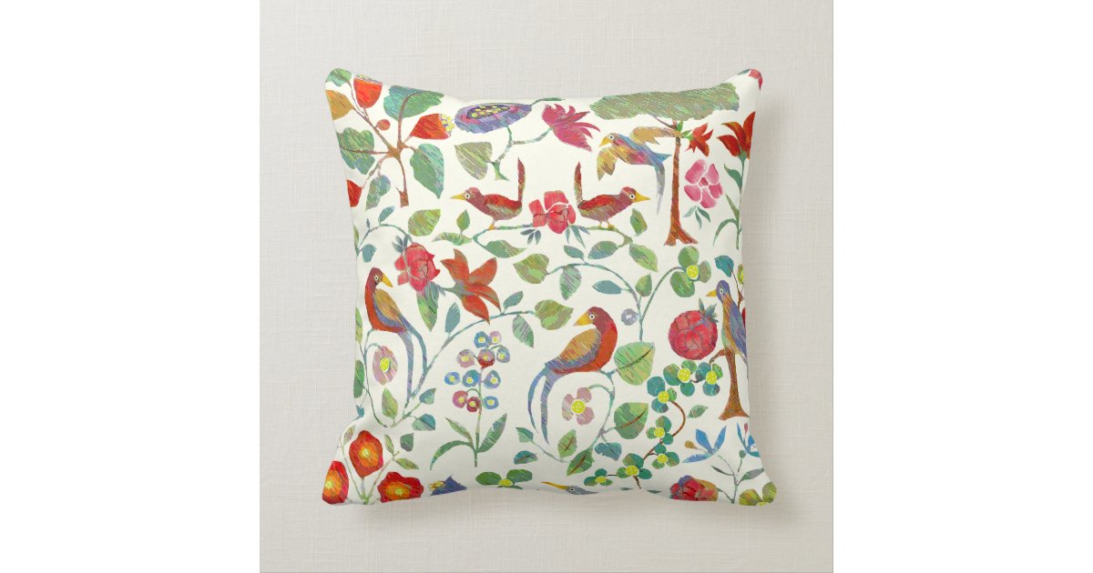 Red Coral Lime Pink Lilac Floral Bird Pattern Throw Pillow Zazzle