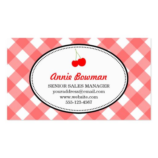 Red country gingham pattern sweet cherry produce business card templates (back side)