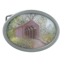 Red Covered Bridge Oval Belt Buckles
